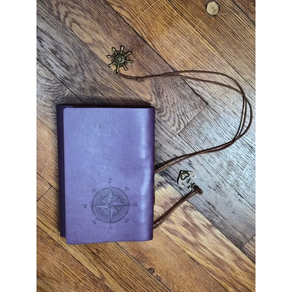 MaleDen Purple Leather Journal Refillable Compass Anchor Nautical Notebook